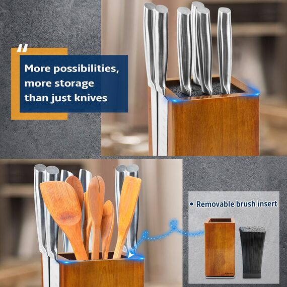 Fimaten Magnetischer Messerblock ohne Messer, 360° drehbar Magnet Messerhalter aus Akazienholz, Hochwertiger Messerblöcke Küchenmesser Organizer mit Borsteneinsatz, Knife holder für Messer, 25x11,5cm