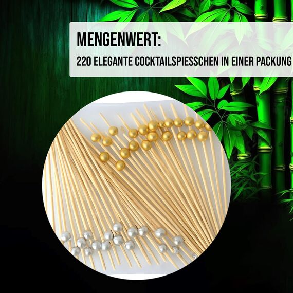 220 Stück Bambus-Cocktailspieße mit Gold- & Silberperlen - 12 cm Kugel-Zahnstocher für Vorspeisen und Getränke - Elegante Holzspieße für Buffets, Partys & Events - von Mobi Lock