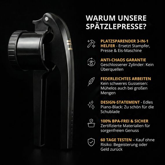 Thiru Spätzlepresse & Kartoffelpresse aus Kunststoff – 3 Edelstahl-Einsätze für Spätzle, Spaghetti-Eis, Kartoffelpüree 60 Tage risikofrei testen – sicherer Topf-Halt – spülmaschinengeeignet