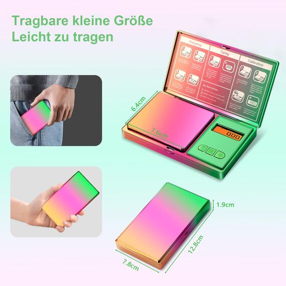 UNIWEIGH Digitale Taschenwaage 300g/0.01g(0.001 oz), Regenbogen-Miniwaage für Lebensmittel Unzen und Gramm, schillernde Beschichtung Kleine Schmuck-Grammwaage für Medizin, Kräuter, Münzen