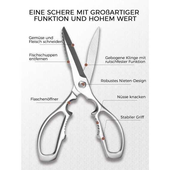 SimCoker Schwere Küchenschere – Geschmiedet aus 3Cr14-Edelstahl, robuste Haushaltsschere für Fleisch, Geflügel und Gemüse, mit Flaschenöffner, spülmaschinenfest, 22,8 cm, 5 Jahre Garantie
