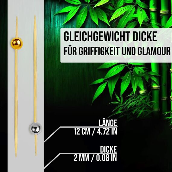 220 Stück Bambus-Cocktailspieße mit Gold- & Silberperlen - 12 cm Kugel-Zahnstocher für Vorspeisen und Getränke - Elegante Holzspieße für Buffets, Partys & Events - von Mobi Lock