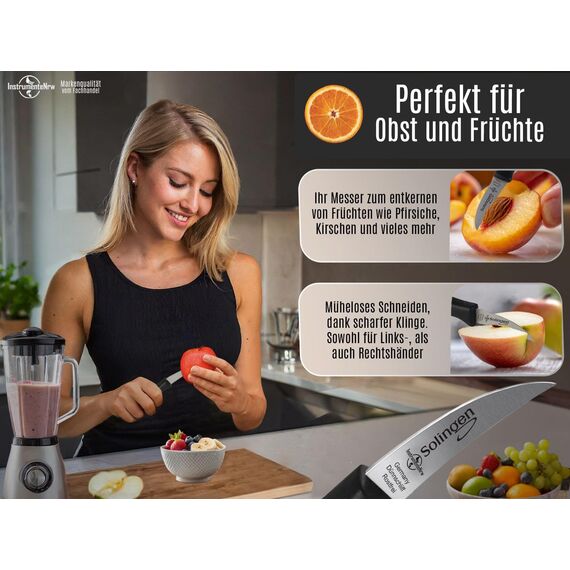 Schälmesser aus Solingen Gemüsemesser Set mit scharfer gebogener Schnittfläche Obstmesser Küchenmesser Made in Germany Schneidmesser aus Rostfreiem Edelstahl Schwarz Spülmaschinen geeignet (4)