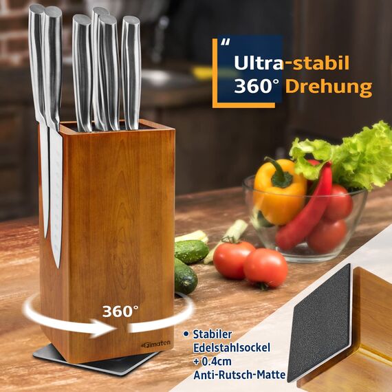 Fimaten Magnetischer Messerblock ohne Messer, 360° drehbar Magnet Messerhalter aus Akazienholz, Hochwertiger Messerblöcke Küchenmesser Organizer mit Borsteneinsatz, Knife holder für Messer, 25x11,5cm