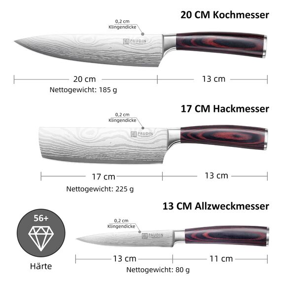 PAUDIN Messerset, Küchenmesser Set 3-tlg aus hochwertigem Carbon Edelstahl, Ultra Scharfes Messer set mit Chefmesser Hackmesser Allzweckmesser, Profi Kochmesser mit Pakkaholz Griff