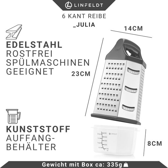 LINFELDT 6-Kant Reibe Edelstahl Küchenreibe mit Behälter - Rostfrei Spülmaschinengeeignet 23x14cm Multi Reibe Küche - Küchenreibe mit Auffangbehälter & Griff