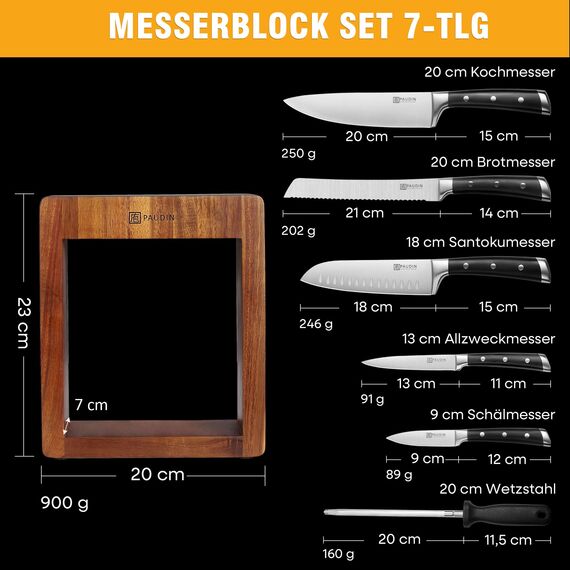 PAUDIN Messerblock Set, Messerset 7-teilige, Messerset mit Messerblock, Scharfes Küchenmesser Set mit Holzblock, Profi Messer Set mit Kochmesser Brotmesser aus Hochwertigem Edelstahl und ABS Griff