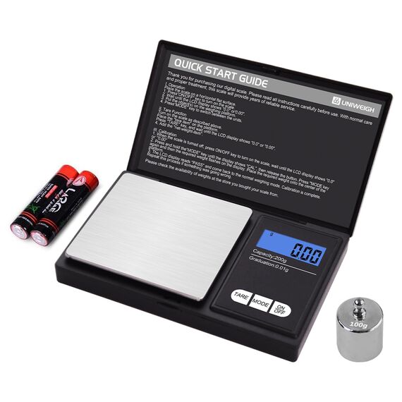 UNIWEIGH Digitale Grammwaage,200g 0.01g/0.001oz Gewichtswaage Gramm und Unze,Elektronische Smart Mini-Taschenwaage mit 100g Kalibrierungsgewicht,für Getreide,Gold,Schmuck,Strom,LCD