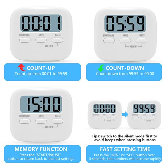 Kurzzeitwecker 2 Stück Küchentimer Kurzzeitmesser Digital Timer Magnetisch Eieruhr Küchenuhr Küchenwecker Countdown Stoppuhr Küche mit LCD Lauter Alarm zum Kochen Backen Sport Lernen, mit Batterie