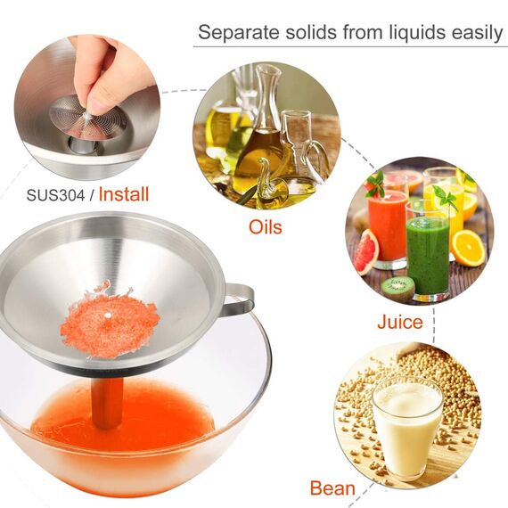 HAUSPROFI Premium Edelstahl Trichter Set (3 Größen) mit 2 Feinsieben - Profi-Küchentrichter aus 304 Edelstahl für Flüssigkeiten, Öle, Pulver - Spülmaschinenfest, 11/13/15 cm