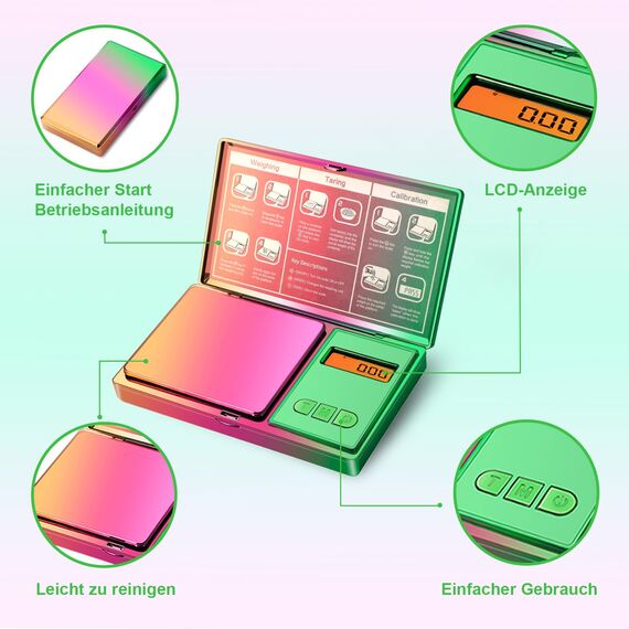 UNIWEIGH Digitale Taschenwaage 300g/0.01g(0.001 oz), Regenbogen-Miniwaage für Lebensmittel Unzen und Gramm, schillernde Beschichtung Kleine Schmuck-Grammwaage für Medizin, Kräuter, Münzen