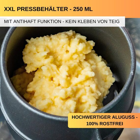 Thiru Spätzlepresse Lochdurchmesser ca. 3mm - Testsieger 2024-60 Tage risikofrei testen - Rundloch mit Schaumlöffel & Auflagerasten - Ideal für Spätzle, Kartoffelpüree, Säfte - Made in Germany