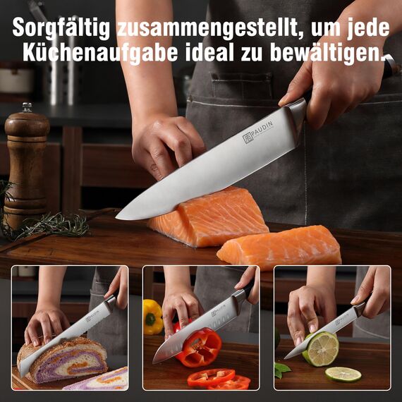 PAUDIN Messerblock Set, Messerset 7-teilige, Messerset mit Messerblock, Scharfes Küchenmesser Set mit Holzblock, Profi Messer Set mit Kochmesser Brotmesser aus Hochwertigem Edelstahl und ABS Griff