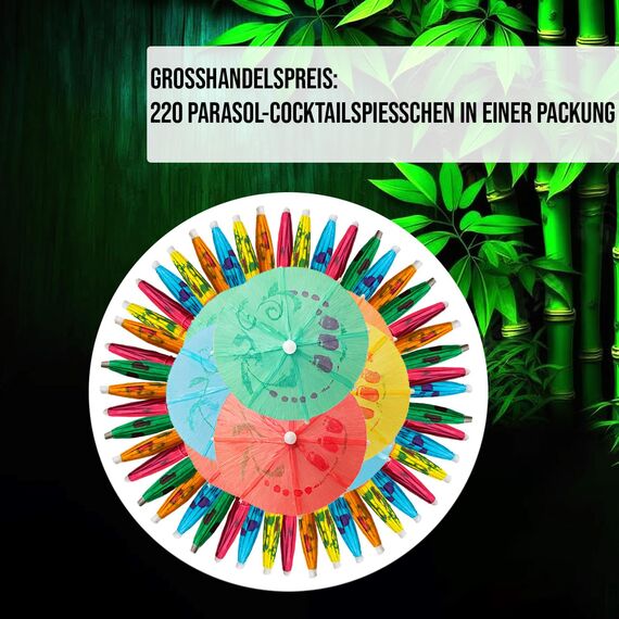 220 Stück Bunte Bambus-Cocktailschirmchen - 10 cm (3,9 Zoll) Farbige Schirm-Zahnstocher für Tropische Getränke, Cupcakes, Tiki-Bars, Poolpartys, Luau- und Sommerfeste - von Mobi Lock