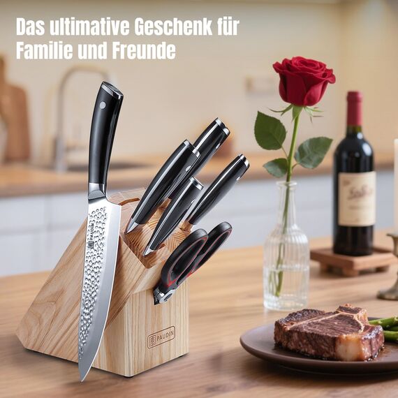 PAUDIN Messerblock mit Messer, Messerset mit Holzblock, 7-tlg Küchenmesser Set aus hochwertigem Carbon Edelstahl, 5 Profi Ultra scharfe Kochmesser, Rot Schere und Holzblock, Ergonomischer Griff