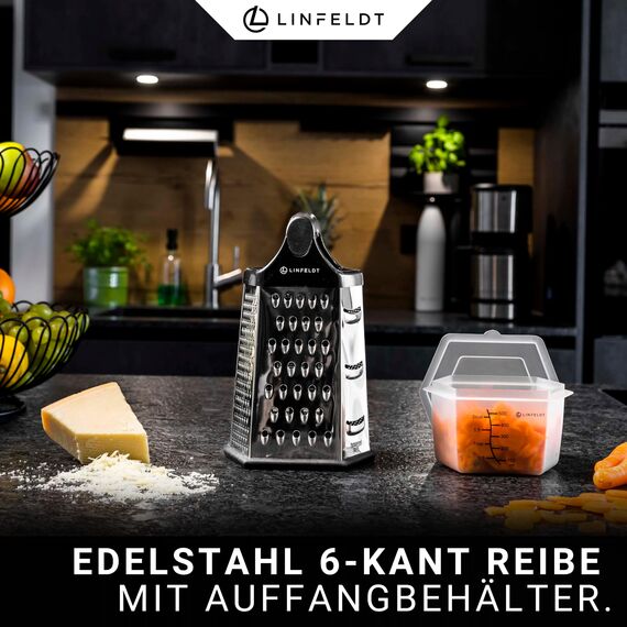 LINFELDT 6-Kant Reibe Edelstahl Küchenreibe mit Behälter - Rostfrei Spülmaschinengeeignet 23x14cm Multi Reibe Küche - Küchenreibe mit Auffangbehälter & Griff