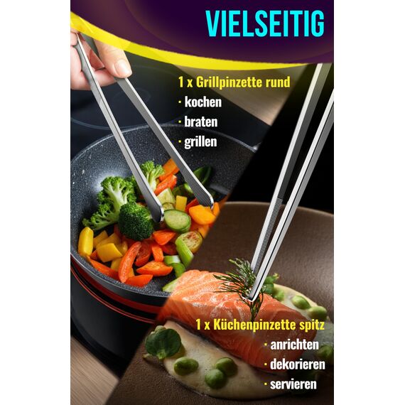 4happy Kochpinzette - 2 Stück Kochpinzette Edelstahl Set, runde Grillpinzette zum Kochen und Braten + spitze Küchenpinzette zum Dekorieren, Pinzette Küche 30 cm
