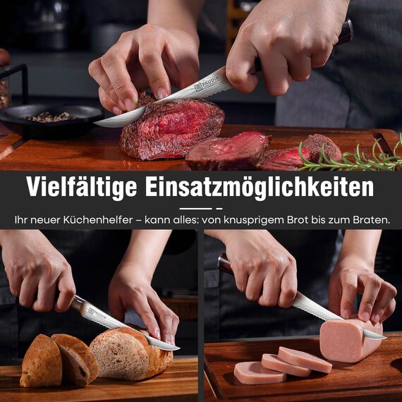 PAUDIN Tomatenmesser 13 CM, Professionelles Küchenmesser für Tomaten, Messer für weiches Obst und Gemüse, Anti-Haft frühstücksmesser, buttermesser mit Scharfes Klinge und Ergonomischer Holzgriff