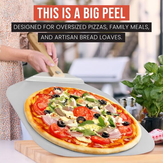 Chef Pomodoro Pizzaschieber mit einklappbarem Holzgriff - Hochwertige Pizzaschaufel aus Aluminium - Gourmet Pizzaheber für hausgemachte Pizzen, Backen, Brot (45,7 x 50,8 cm)