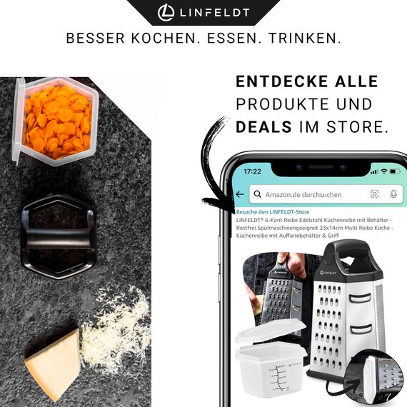LINFELDT 6-Kant Reibe Edelstahl Küchenreibe mit Behälter - Rostfrei Spülmaschinengeeignet 23x14cm Multi Reibe Küche - Küchenreibe mit Auffangbehälter & Griff