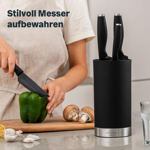 SILBERTHAL Universal Messerblock ohne Messer - herausnehmbarer Borsteneinsatz - für bis zu 10 Messer Aufbewahrung - Schwarz - Recyceltes Plastik mit Edelstahlring