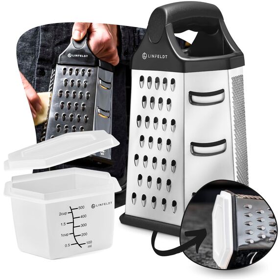 LINFELDT 6-Kant Reibe Edelstahl Küchenreibe mit Behälter - Rostfrei Spülmaschinengeeignet 23x14cm Multi Reibe Küche - Küchenreibe mit Auffangbehälter & Griff