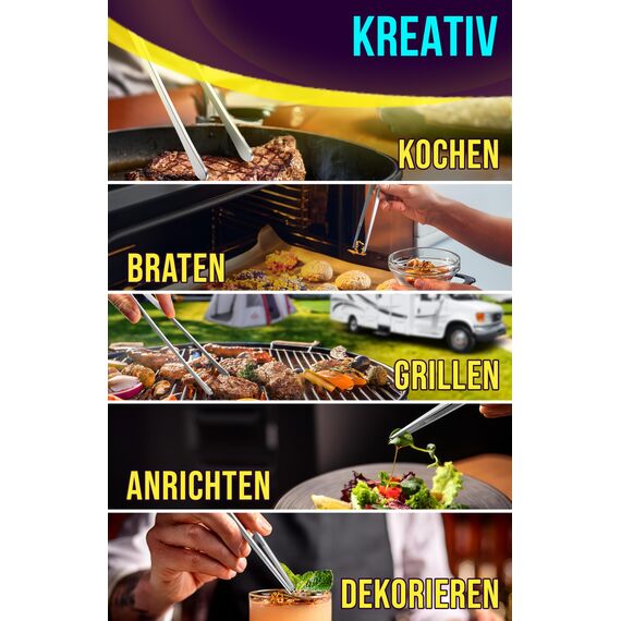 4happy Kochpinzette - 2 Stück Kochpinzette Edelstahl Set, runde Grillpinzette zum Kochen und Braten + spitze Küchenpinzette zum Dekorieren, Pinzette Küche 30 cm