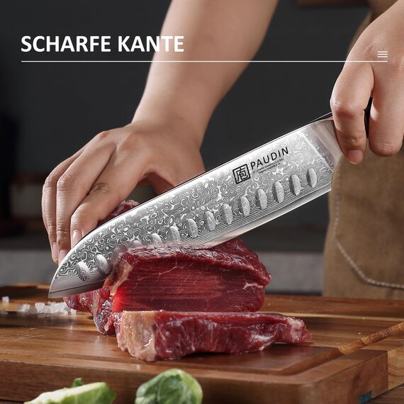 PAUDIN Damastmesser set, Messerset 3-teilig, Damast Küchenmesserset mit Ultra Scharfes Santokumesser Küchenmesser aus 67 Schichten Damaststahl mit Japanischem VG10 Stahl Kern, Ergonomischer G10 Griff