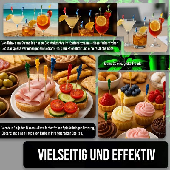 500 Stück Bunte Rüschenspieße-Bambuszahnstocher - 6,5 cm (2,5 Zoll) Rote, Goldene, Grüne & Blaue Holzspieße für Desserts, Vorspeisen, Obst, Canapés, Platten & Buffets - von Mobi Lock