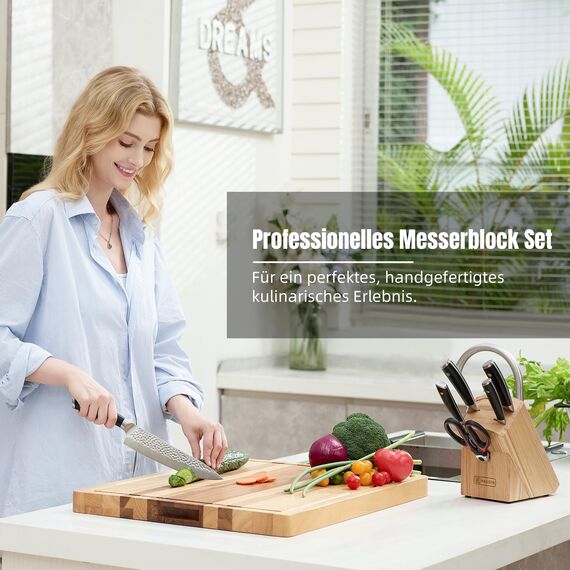 PAUDIN Messerblock mit Messer, Messerset mit Holzblock, 7-tlg Küchenmesser Set aus hochwertigem Carbon Edelstahl, 5 Profi Ultra scharfe Kochmesser, Rot Schere und Holzblock, Ergonomischer Griff