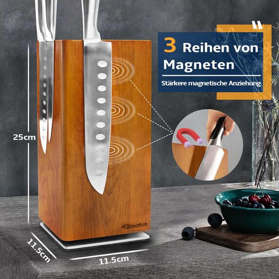 Fimaten Magnetischer Messerblock ohne Messer, 360° drehbar Magnet Messerhalter aus Akazienholz, Hochwertiger Messerblöcke Küchenmesser Organizer mit Borsteneinsatz, Knife holder für Messer, 25x11,5cm