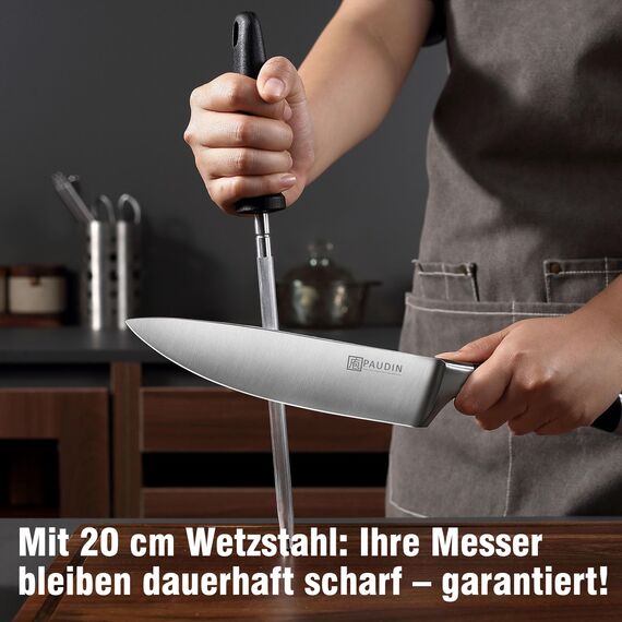 PAUDIN Messerblock Set, Messerset 7-teilige, Messerset mit Messerblock, Scharfes Küchenmesser Set mit Holzblock, Profi Messer Set mit Kochmesser Brotmesser aus Hochwertigem Edelstahl und ABS Griff