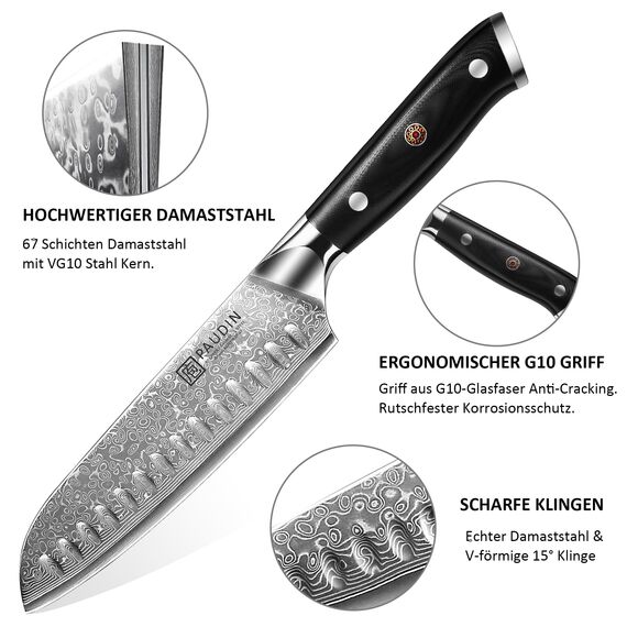 PAUDIN Damastmesser set, Messerset 3-teilig, Damast Küchenmesserset mit Ultra Scharfes Santokumesser Küchenmesser aus 67 Schichten Damaststahl mit Japanischem VG10 Stahl Kern, Ergonomischer G10 Griff