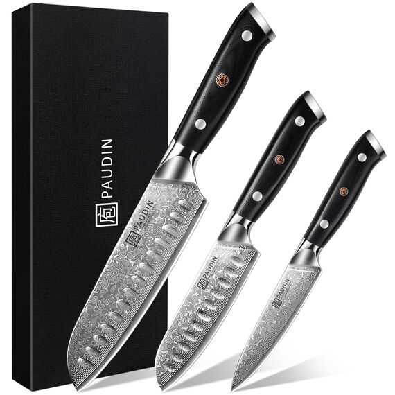 PAUDIN Damastmesser set, Messerset 3-teilig, Damast Küchenmesserset mit Ultra Scharfes Santokumesser Küchenmesser aus 67 Schichten Damaststahl mit Japanischem VG10 Stahl Kern, Ergonomischer G10 Griff