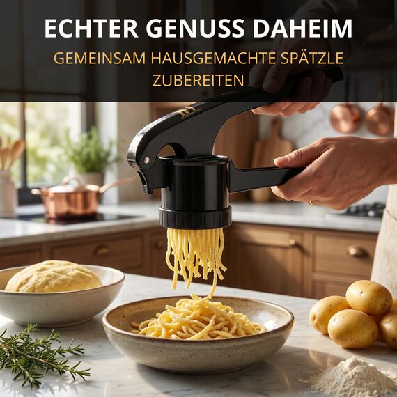 Thiru Spätzlepresse & Kartoffelpresse aus Kunststoff – 3 Edelstahl-Einsätze für Spätzle, Spaghetti-Eis, Kartoffelpüree 60 Tage risikofrei testen – sicherer Topf-Halt – spülmaschinengeeignet