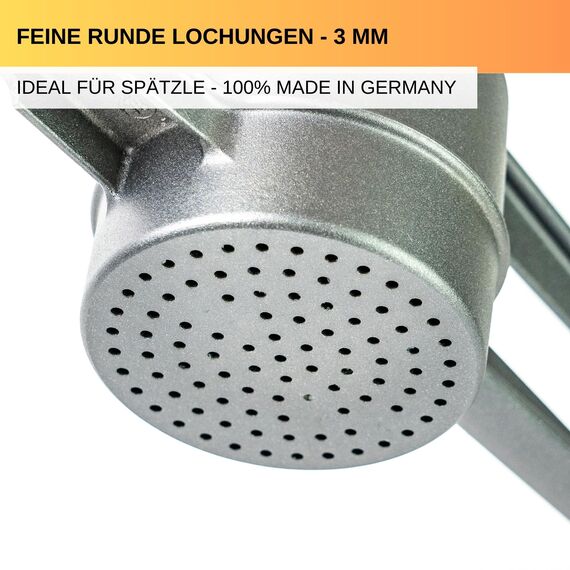 Thiru Spätzlepresse Lochdurchmesser ca. 3mm - Testsieger 2024-60 Tage risikofrei testen - Rundloch mit Schaumlöffel & Auflagerasten - Ideal für Spätzle, Kartoffelpüree, Säfte - Made in Germany