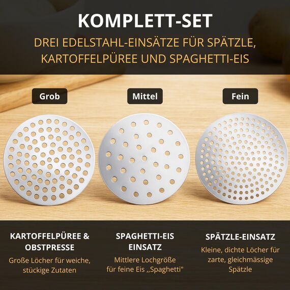 Thiru Spätzlepresse & Kartoffelpresse aus Kunststoff – 3 Edelstahl-Einsätze für Spätzle, Spaghetti-Eis, Kartoffelpüree 60 Tage risikofrei testen – sicherer Topf-Halt – spülmaschinengeeignet
