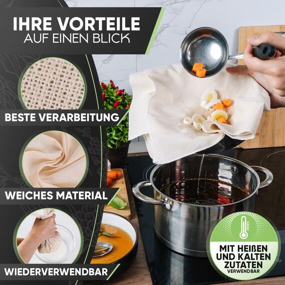 Loco Bird Passiertuch 50x50cm - 4 Stück 100% Baumwolltuch - ungebleichtes Käsetuch, Feines Mulltuch und Mulltücher Dichtegrad 100, Waschbares Leinentuch, Cheesecloth und Seihtuch mit vernähten Kanten