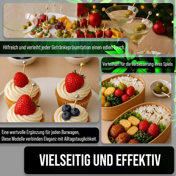 120 Stück Bambus-Cocktailspieße mit Gold- & Silberperlen - 12 cm Kugel-Zahnstocher für Vorspeisen und Getränke - Elegante Holzspieße für Buffets, Partys & Events - von Mobi Lock