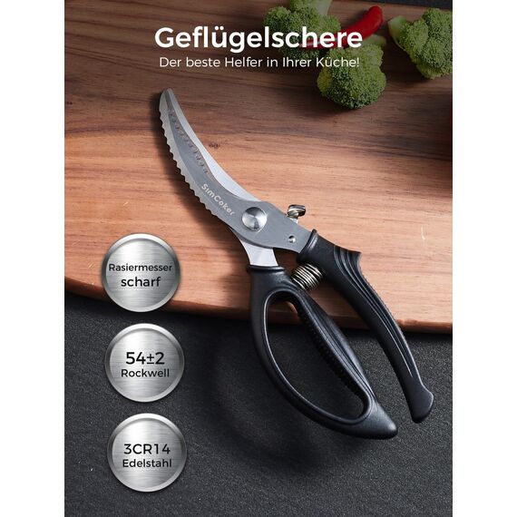 SimCoker Geflügelschere Profi, Küchenschere,Fleischschere, Robustes Huhn mit Rutschfestem Griff und Sicherheitsverschluss, Fleischschere für Fleisch, Huhn, Knochen, Geflügel, Federbelastet