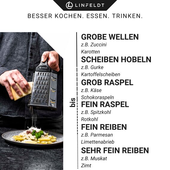 LINFELDT 6-Kant Reibe Edelstahl Küchenreibe mit Behälter - Rostfrei Spülmaschinengeeignet 23x14cm Multi Reibe Küche - Küchenreibe mit Auffangbehälter & Griff