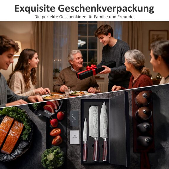 PAUDIN Messerset, Küchenmesser Set 3-tlg aus hochwertigem Carbon Edelstahl, Ultra Scharfes Messer set mit Chefmesser Hackmesser Allzweckmesser, Profi Kochmesser mit Pakkaholz Griff