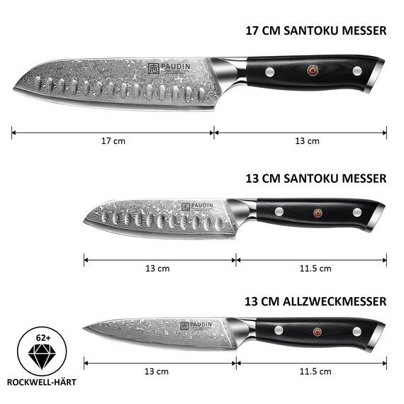 PAUDIN Damastmesser set, Messerset 3-teilig, Damast Küchenmesserset mit Ultra Scharfes Santokumesser Küchenmesser aus 67 Schichten Damaststahl mit Japanischem VG10 Stahl Kern, Ergonomischer G10 Griff