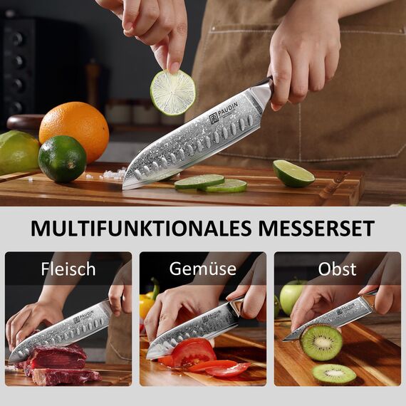 PAUDIN Damastmesser set, Messerset 3-teilig, Damast Küchenmesserset mit Ultra Scharfes Santokumesser Küchenmesser aus 67 Schichten Damaststahl mit Japanischem VG10 Stahl Kern, Ergonomischer G10 Griff