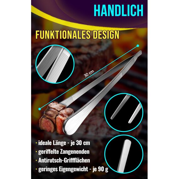 4happy Kochpinzette - 2 Stück Kochpinzette Edelstahl Set, runde Grillpinzette zum Kochen und Braten + spitze Küchenpinzette zum Dekorieren, Pinzette Küche 30 cm