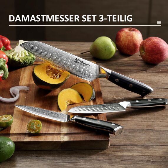 PAUDIN Damastmesser set, Messerset 3-teilig, Damast Küchenmesserset mit Ultra Scharfes Santokumesser Küchenmesser aus 67 Schichten Damaststahl mit Japanischem VG10 Stahl Kern, Ergonomischer G10 Griff