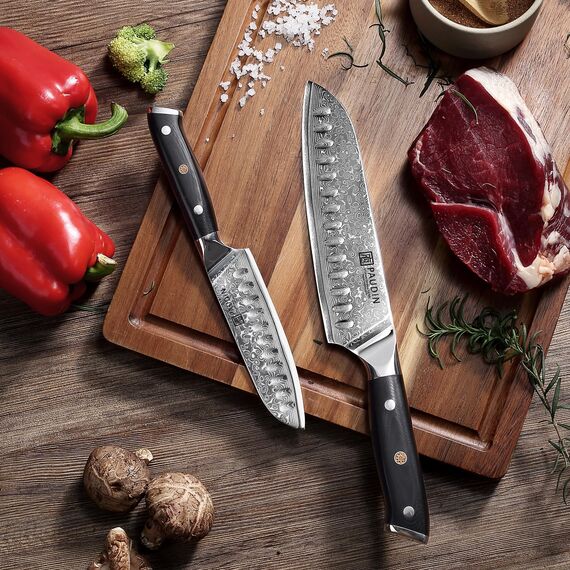 PAUDIN Damastmesser set, Messerset 3-teilig, Damast Küchenmesserset mit Ultra Scharfes Santokumesser Küchenmesser aus 67 Schichten Damaststahl mit Japanischem VG10 Stahl Kern, Ergonomischer G10 Griff