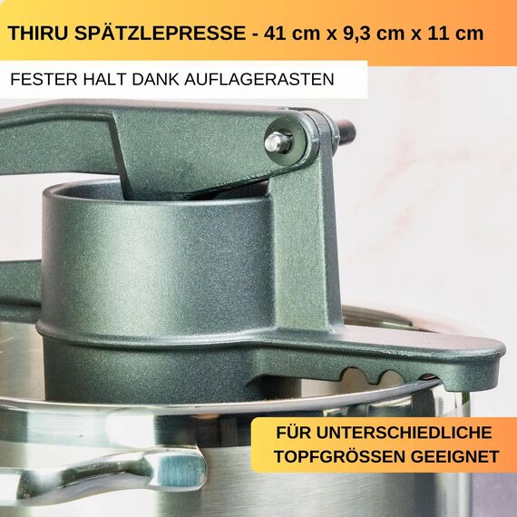 Thiru Spätzlepresse Lochdurchmesser ca. 3mm - Testsieger 2024-60 Tage risikofrei testen - Rundloch mit Schaumlöffel & Auflagerasten - Ideal für Spätzle, Kartoffelpüree, Säfte - Made in Germany