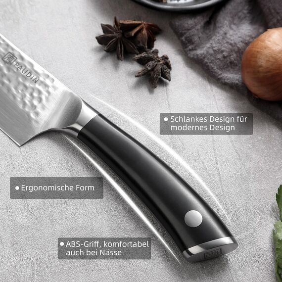PAUDIN Messerblock mit Messer, Messerset mit Holzblock, 7-tlg Küchenmesser Set aus hochwertigem Carbon Edelstahl, 5 Profi Ultra scharfe Kochmesser, Rot Schere und Holzblock, Ergonomischer Griff