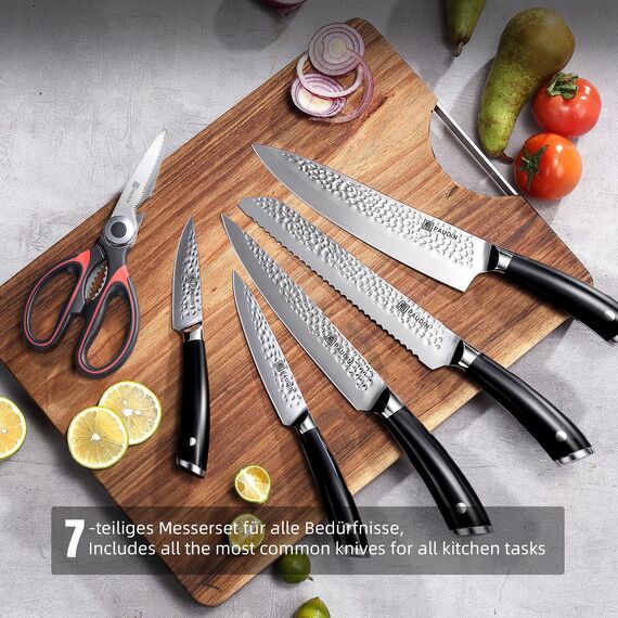 PAUDIN Messerblock mit Messer, Messerset mit Holzblock, 7-tlg Küchenmesser Set aus hochwertigem Carbon Edelstahl, 5 Profi Ultra scharfe Kochmesser, Rot Schere und Holzblock, Ergonomischer Griff